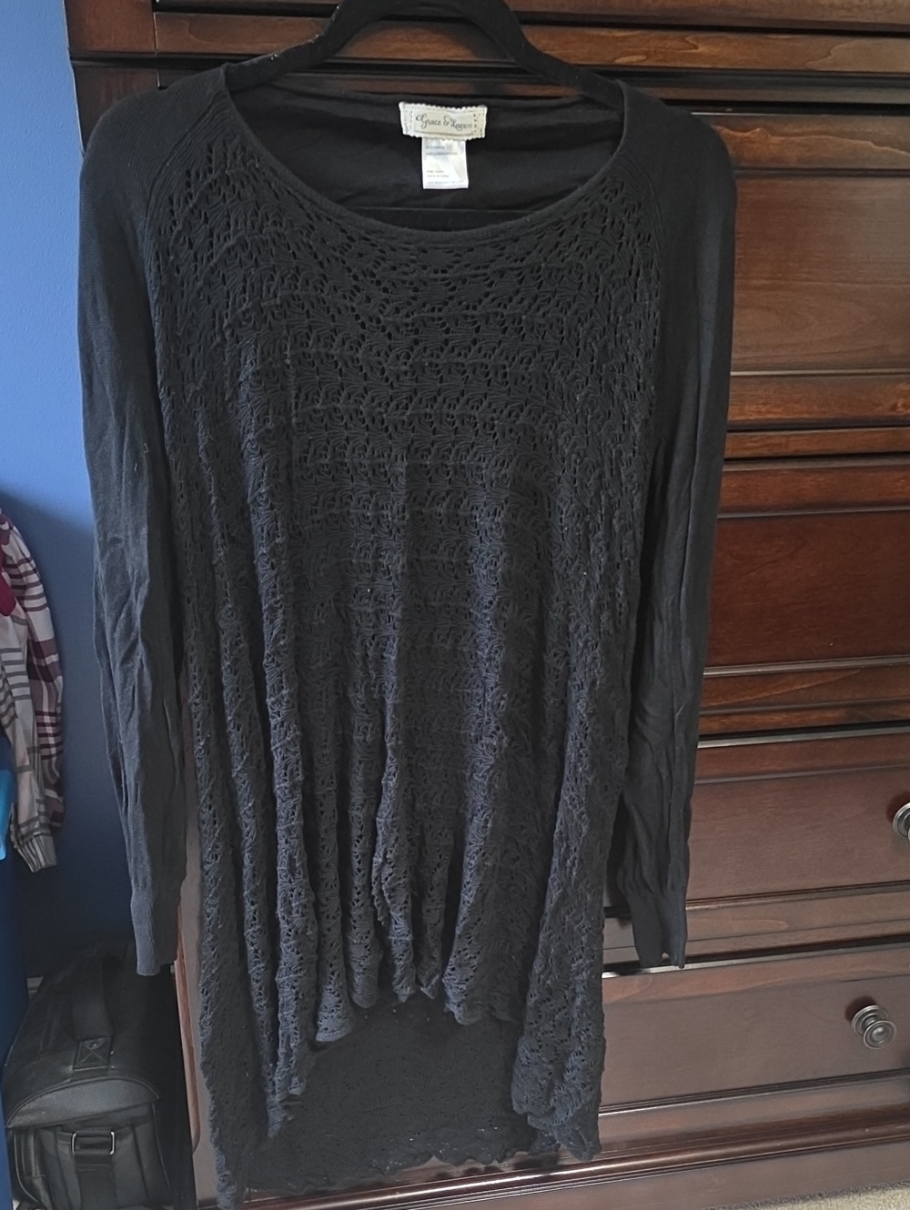 Grace & Lace Black Long-Sleeve Crochet Front Tunic